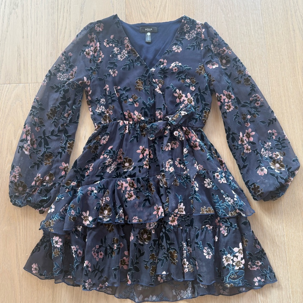 Aqua Navy Floral Kids Dress